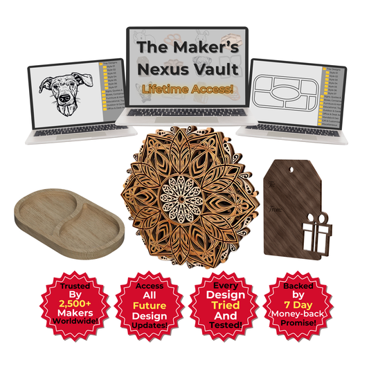 The Maker’s Nexus Vault – Lifetime Access. Digital file library for CNC and laser cutting with examples of designs including a wooden tray, mandala pattern, and gift tag. Four guarantee badges highlight: Trusted by 2,500+ Makers, Access All Future Design Updates, Every Design Tried and Tested, and Backed by 7-Day Money-Back Promise.